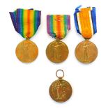 Four WWI Victory medals, named to Pte C Stewart, 3145, A & SH, Pte F Harkin, 42691, R Scots, Pte W G