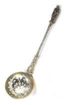 A Victorian silver sifter spoon, with apostle handle, and twist stem inscribed PER MARE, bearing cru