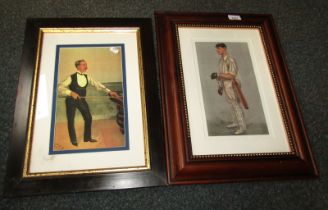 Two Spy prints, depicting a cricketer and a snooker player, 28cm x 16cm, framed and glazed.