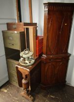 A green metal filing cabinet, lacking one drawer, together with an oak drop leaf table, CD rack, etc