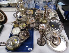 Various plated wares, to include a pair of candelabra, teapot, hot water jug, two handled tray, etc.