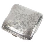 A George V silver cigarette case, with partial engine turned decoration and inscribed TRS As a Token