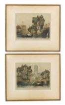 After C Fitzgerald. Town scenes with timber framed buildings, indistinctly titled, artist signed col