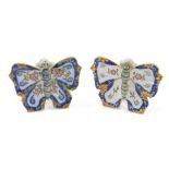 A pair of 19thC Fourmaintraux Frere Faience butterfly shaped menu holders, 10cm wide.