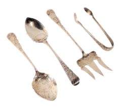 A group of assorted silver cutlery, comprising two silver fiddle pattern and floral edge serving spo