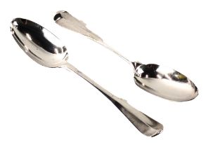 A pair of George II silver Old English pattern silver table spoons, each bearing the initials ARI, N