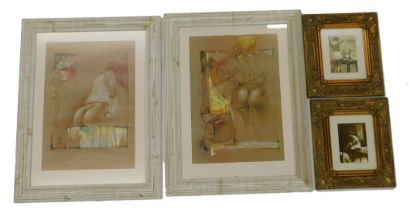 20thC School. Nudes, coloured print, 59cm x 38cm, and a pair of erotic photographs.