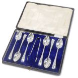 A Charles James Allen and Sydney Darwin Sheffield plate spoon and tong set, comprising six teaspoons