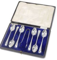 A Charles James Allen and Sydney Darwin Sheffield plate spoon and tong set, comprising six teaspoons