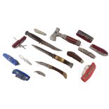 A collection of knives, comprising two Victorinox pocket knives, a Powerfix Stanley knife, bone hand