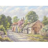 John Spencer. Cottages in a rural landscape, oil on canvas, 25cm x 34cm.