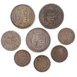 Victorian silver coinage, comprising 1873 shilling, three pence pieces, etc., 25.7g all in.