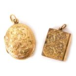 Two 9ct gold lockets, comprising a 9ct gold book shaped locket pendant and a yellow metal unmarked o