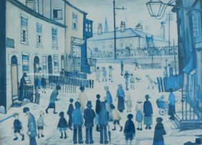 After LS Lowry. Street scene, coloured print, 42cm x 60cm.