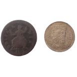 Two coins, comprising a George I farthing dated 1723, and a George IV 1825 six pence piece. (2)