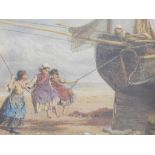After Burkett Foster. Children swinging from a rope off a fishing boat, coloured print, 28cm x 42cm.