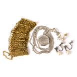 Assorted costume jewellery, comprising a pair of 1950s cultured pearl and CZ drop earrings, with scr