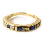 A 9ct gold half hoop dress ring, set with five rectangular cut sapphires, and four illusion set tiny