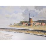 Eric Thompson. River landscape with windmill, possibly Norfolk, watercolour, 37cm x 57cm.