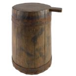 A French pine and iron coopered vessel, with handle to the lid, 31cm high.