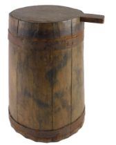 A French pine and iron coopered vessel, with handle to the lid, 31cm high.