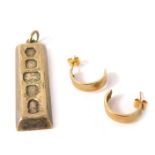 A pair of 9ct gold earrings on single pin back with butterfly backs, 0.7g, and a silver ingot pendan