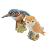 Two Beswick animal ornaments, comprising a seated barn owl, 11cm high, and a kingfisher, 14cm high.