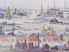 After LS Lowry. Industrial landscape, coloured print, 42cm x 60cm.