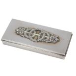 A Russian Odessa silver stamp case, 1908-1926, with a wreath and bow raised design, 11cm wide, 7.32o