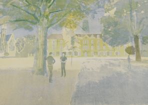 Richard Bawden (b.1936). Students before tree and building with bell tower, artist signed limited ed