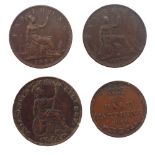 Four coins, comprising a Victorian 1844 half farthing, an 1842 farthing, 1853 farthing, and an 1878