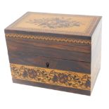 A late 19thC rosewood and Tunbridge ware stationary box, the hinged lid decorated with flowers withi
