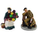 A Royal Doulton porcelain figure, The Railway Sleeper, and another The Old Balloon Seller. (2)
