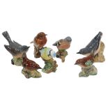 Seven Beswick birds, comprising robin 980, bluetit 992, wren 993, whitethroat 2106, chaffinch 991, w