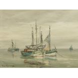 •Hans Hentschke (1889-1969). Masted fishing boats at sea, oil on canvas, signed, 39cm x 49cm.