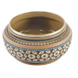 A Royal Doulton Silicon ware salad bowl, with a geometric design in brown and blue, silver plated ri