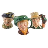 Three Royal Doulton character jugs, Arriet, The Gardener, and Monty.