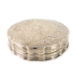 A late 19thC silver pill box, of circular form with engine turned decoration of scrolls with vacant