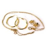 A group of costume jewellery, comprising a pair of 14ct gold front hoop earrings, paste stone set pe