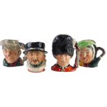 Four Royal Doulton character jugs, The Beefeater, The Guardsman, The Poacher, and Sairey Gamp.