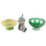 A Lladro porcelain model of a seated clown, a green flash small bowl, and a Carltonware buttercup sh