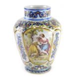 A 19thC Faience vase, decorated with Neoclassical figures, within foliate scroll borders, initials
