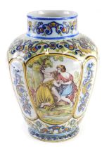 A 19thC Faience vase, decorated with Neoclassical figures, within foliate scroll borders, initials