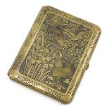 A Japanese Komai style cigarette case, with brass work detail of flowers and storks, on a blackened