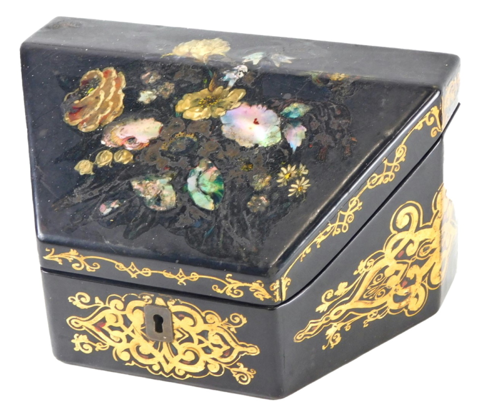 A Victorian papier mache stationary box, decorated overall with flowers, etc., inlaid in mother of p
