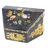 A Victorian papier mache stationary box, decorated overall with flowers, etc., inlaid in mother of p