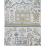 An early 19thC sampler, by Rachel Edwards, dated 1827, embroidered with a building, birds, flowers,