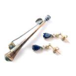 A pair of 9ct gold sapphire and diamond drop earrings, and a silver and green paste stone set bugle