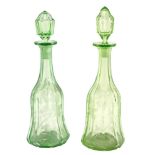 A pair of green glass mallet shaped decanters and stoppers, each engraved with grapes and vines, 35c