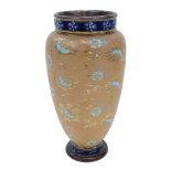 A Doulton Slaters Patent vase, with a brown and blue glazed floral rim, with etched turquoise and go
